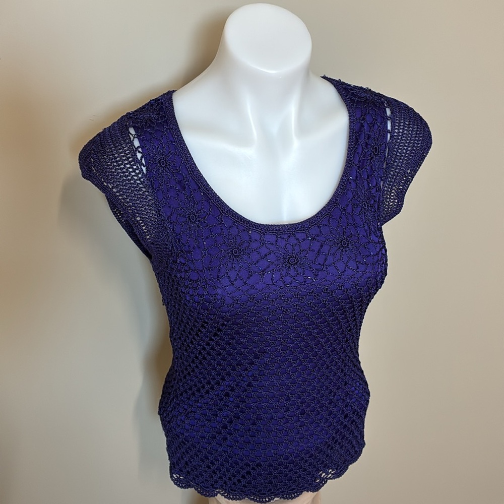 Cleo Crochet Top; Stretchy Bodycon, Beading Embellished, Size: XS P, Cap Sleeve